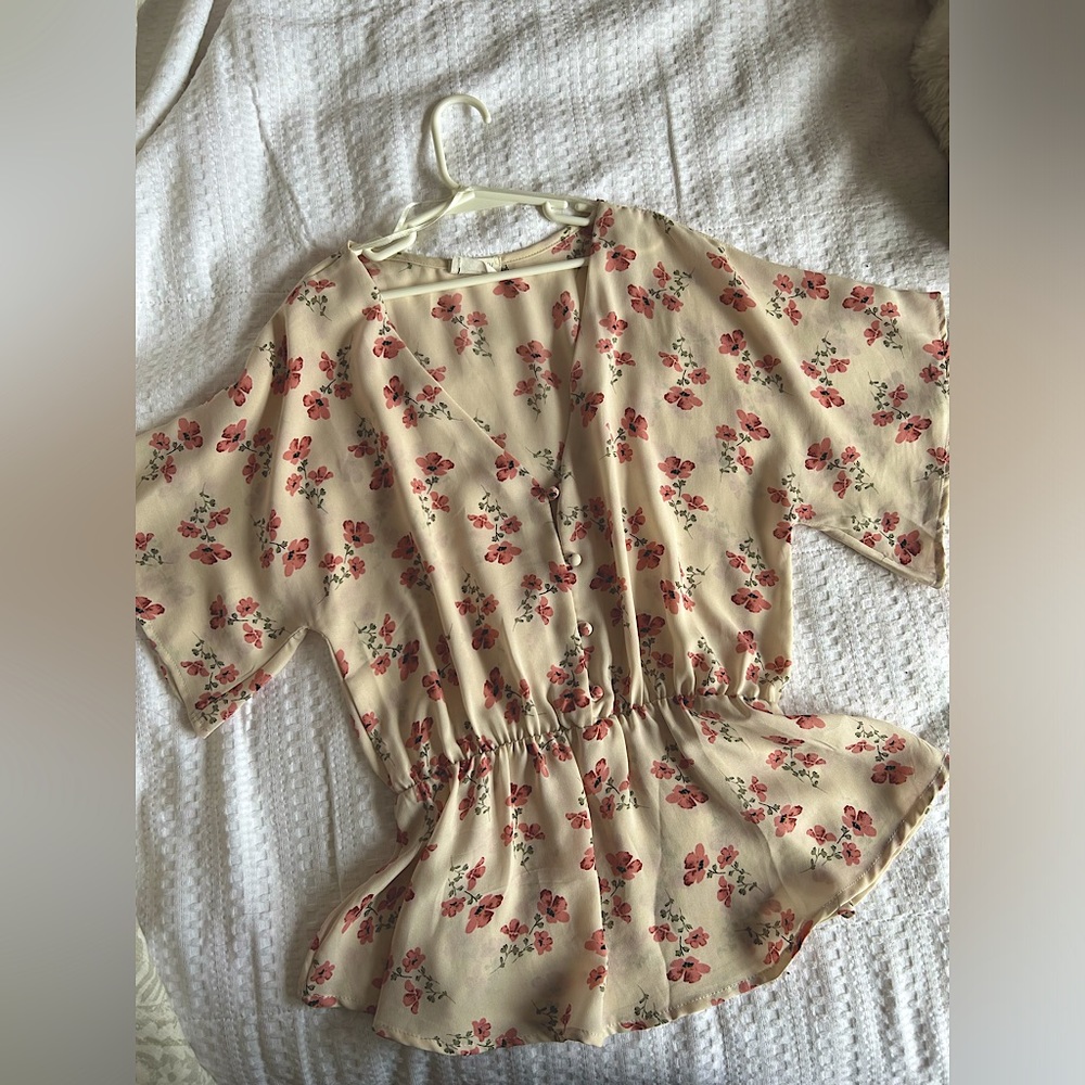 Cream Blouse with Pink Florals Size Small